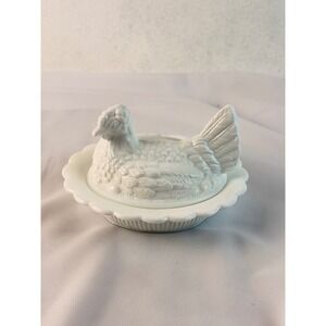 Mosser Milk Glass Hen On Nest Covered Dish White Farmhouse Chicken Decor